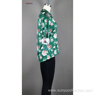 ladie's flower printed long T-shirt sleev v-neck